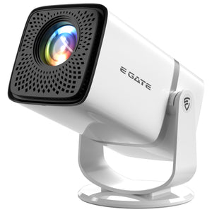 EGATE Atom 3X portable Android projector front view with lens and adjustable stand
