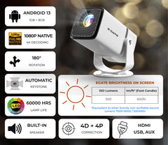 E GATE Atom 3X | Real Full HD 1080p Native, 13.0 Automatic Android Projector | 300 ISO | Rotatable Design | 4K HDR Support | Inbuilt Netflix, Prime | ARC-HDMI, USB, Wifi-6, BT, Screen Mirroring, Egate