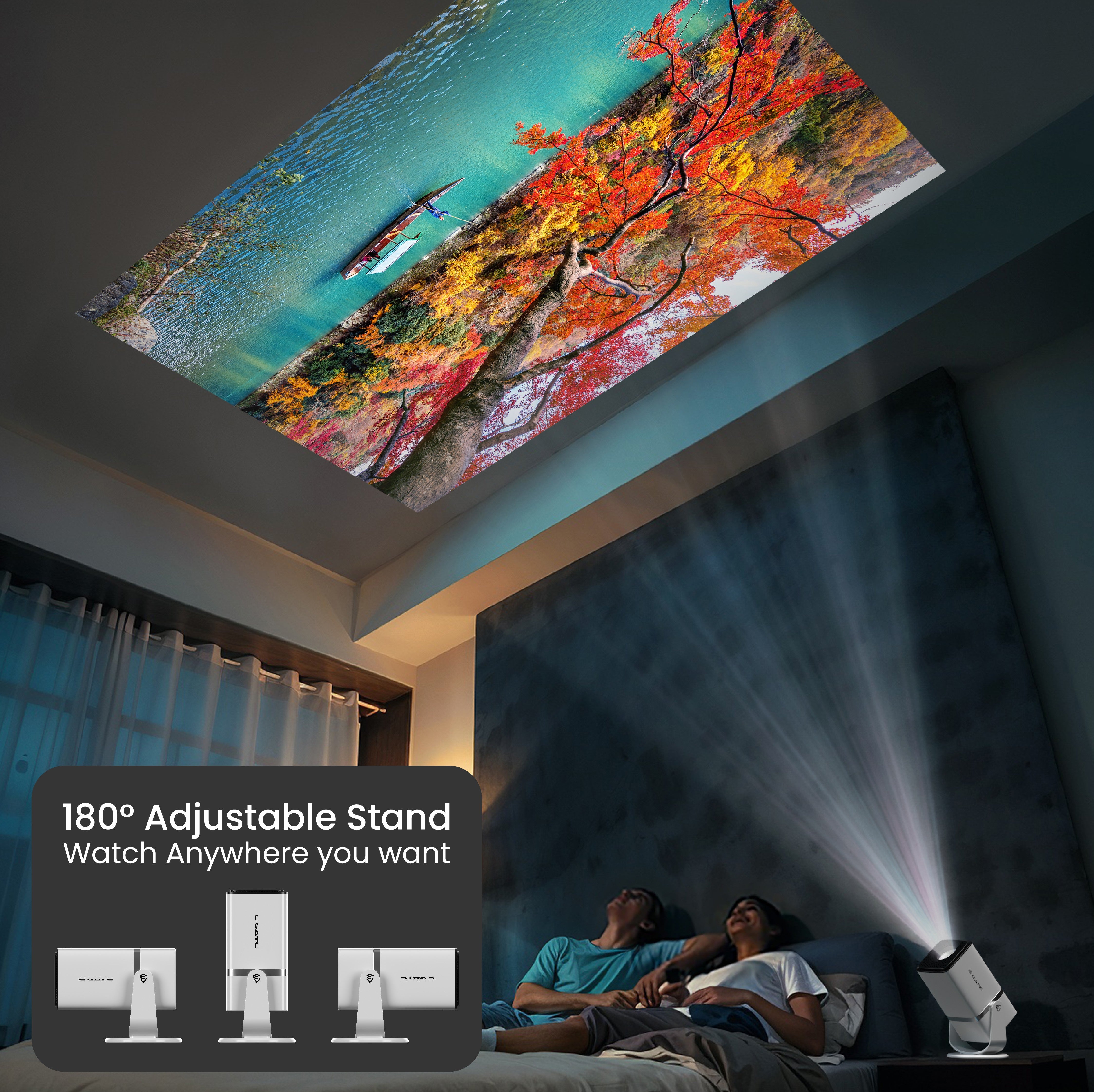 E GATE Atom 3X | Real Full HD 1080p Native, 13.0 Automatic Android Projector | 300 ISO | Rotatable Design | 4K HDR Support | Inbuilt Netflix, Prime | ARC-HDMI, USB, Wifi-6, BT, Screen Mirroring, Egate