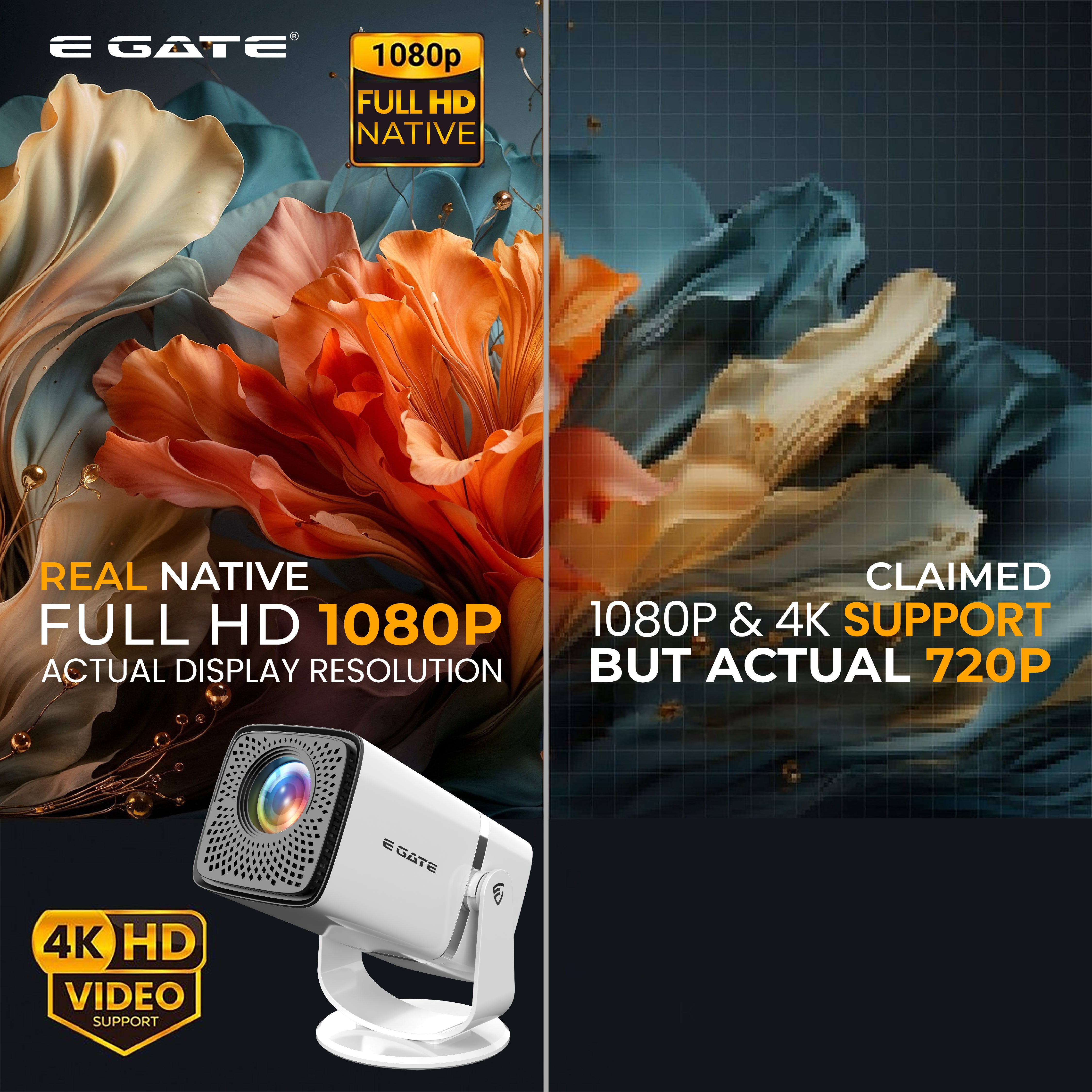 EGATE Atom 3X portable Android projector showing Full HD 1080p clarity with 4K video support compared to 720p HD projection
