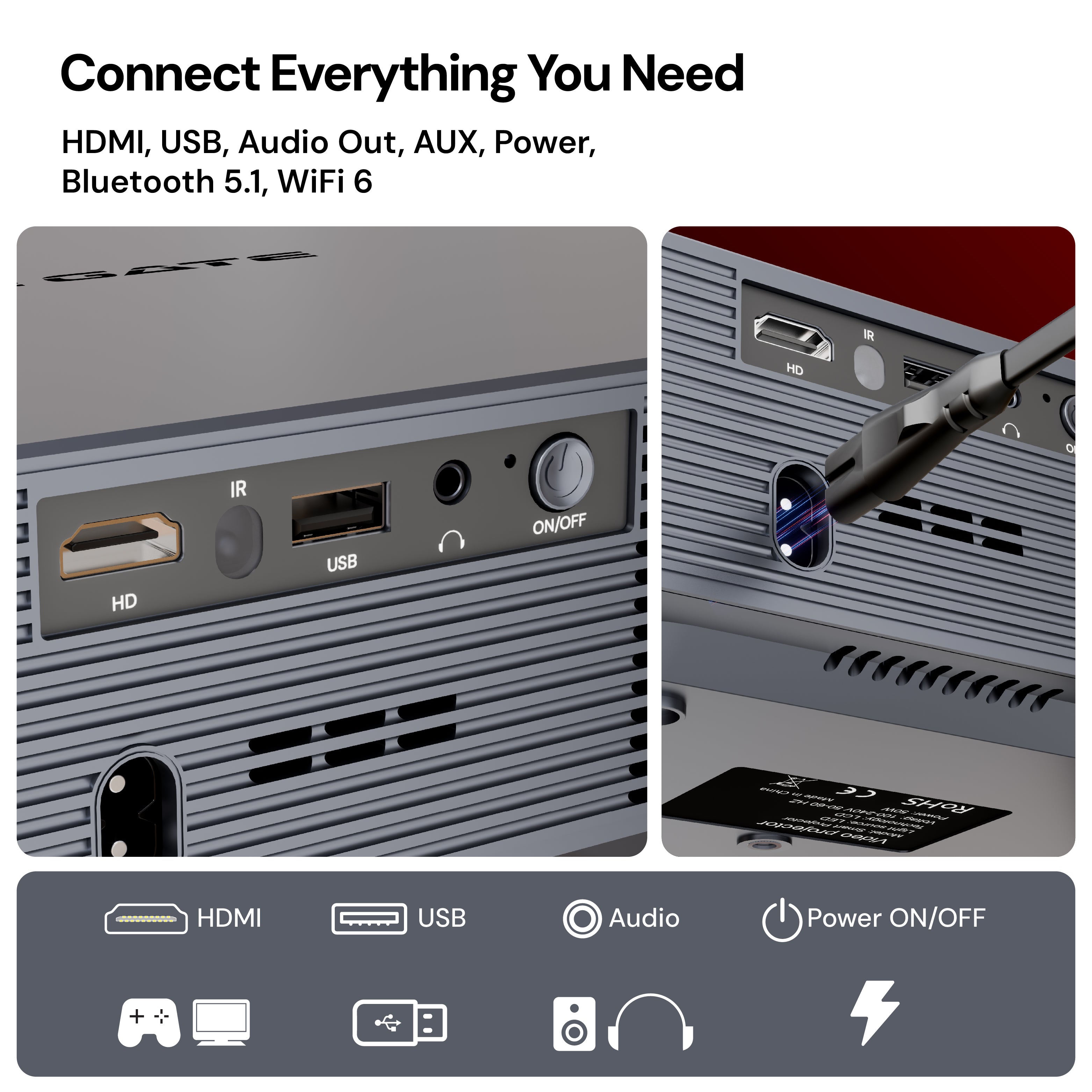 E Gate S9 Pro ১০০% ডাস্ট প্রুফ অটোমেটিক অ্যান্ড্রয়েড প্রজেক্টর, ১৫৫০০ LUMENS, FHD ১০৮০p নেটিভ এবং ৪K HDR, অটো (Keystone+Focus+Obstacle+Tilt), ২GB-৩২GB, HDMI-ARC, WiFi 6, ব্লুটুথ 