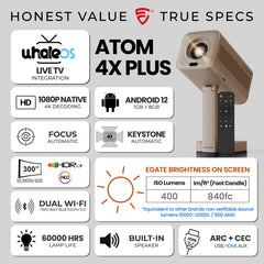 E GATE Atom 4X+ Fully Automatic Projector 4k Ultra HD | Whale TV+ Live TV on Android | Brightest 400 ISO | Native 1080p, Netflix, Prime | USB-HDMI ARC+CEC | HDR+HLG | WiFi 6, BT, FlexAngle, Egate Gold