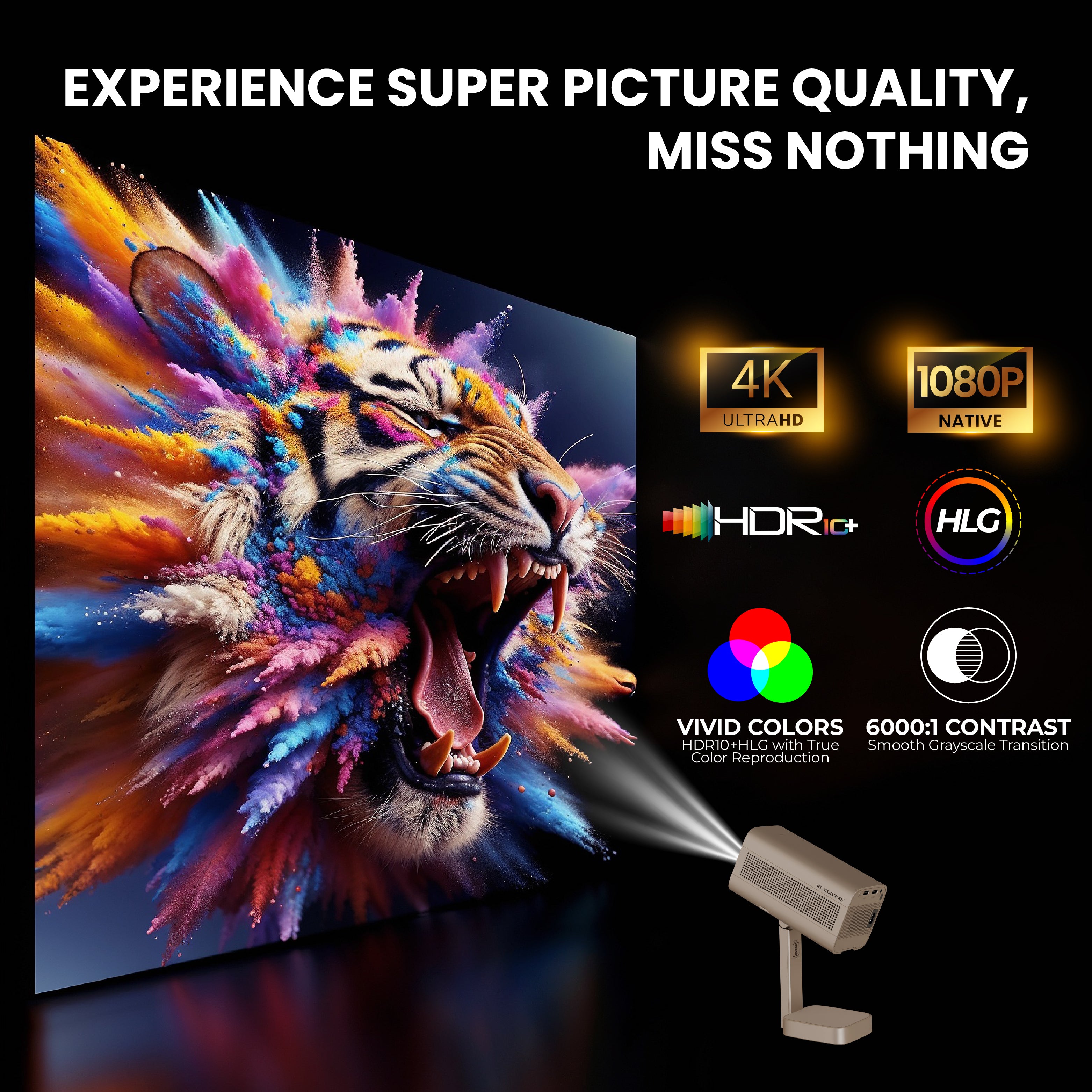 E GATE Atom 4X+ Fully Automatic Projector 4k Ultra HD | Whale TV+ Live TV on Android | Brightest 400 ISO | Native 1080p, Netflix, Prime | USB-HDMI ARC+CEC | HDR+HLG | WiFi 6, BT, FlexAngle, Egate Gold
