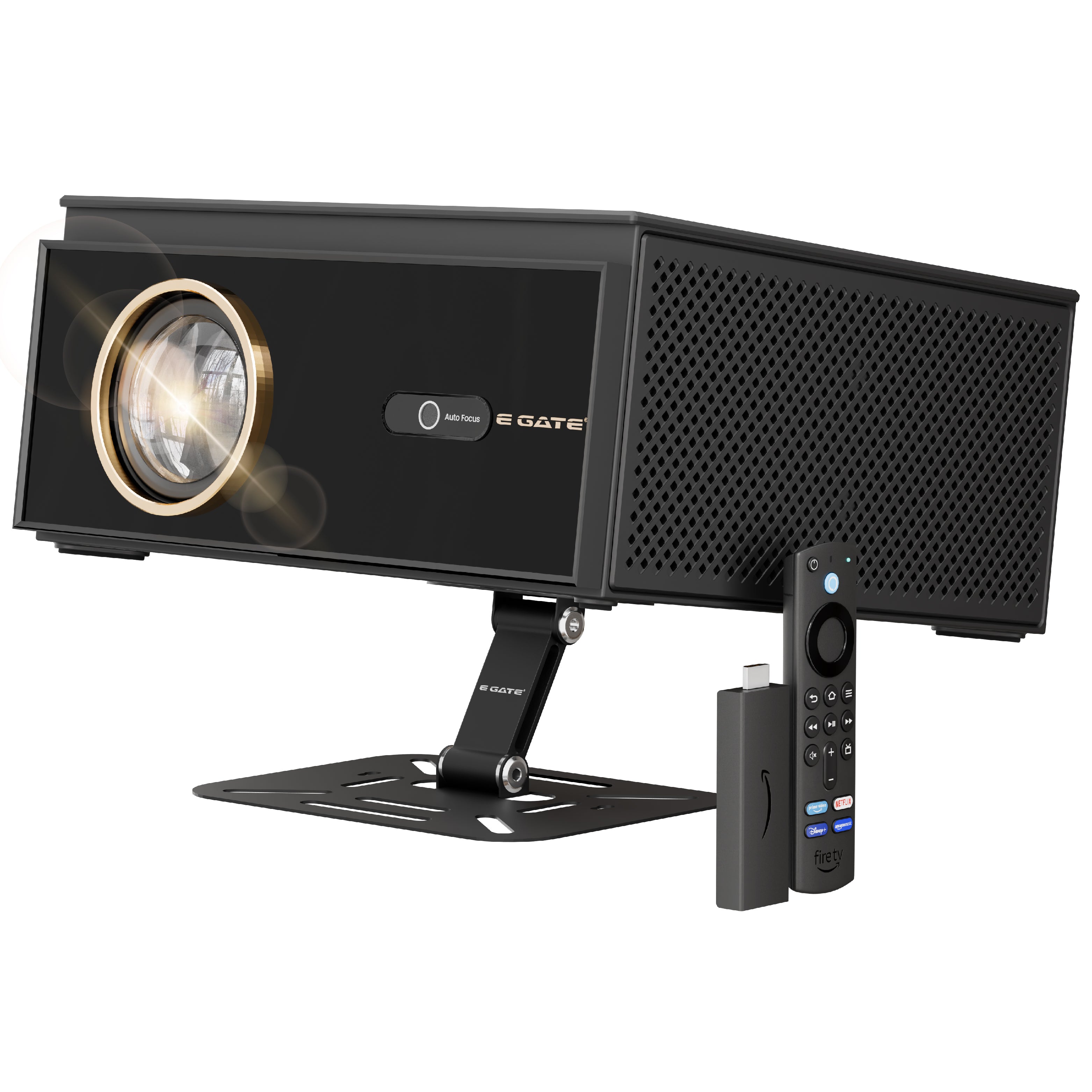 Egate Duster 9X dust-free projector with 1000 ISO lumens, auto focus lens, Fire TV stick and remote, side speaker grille