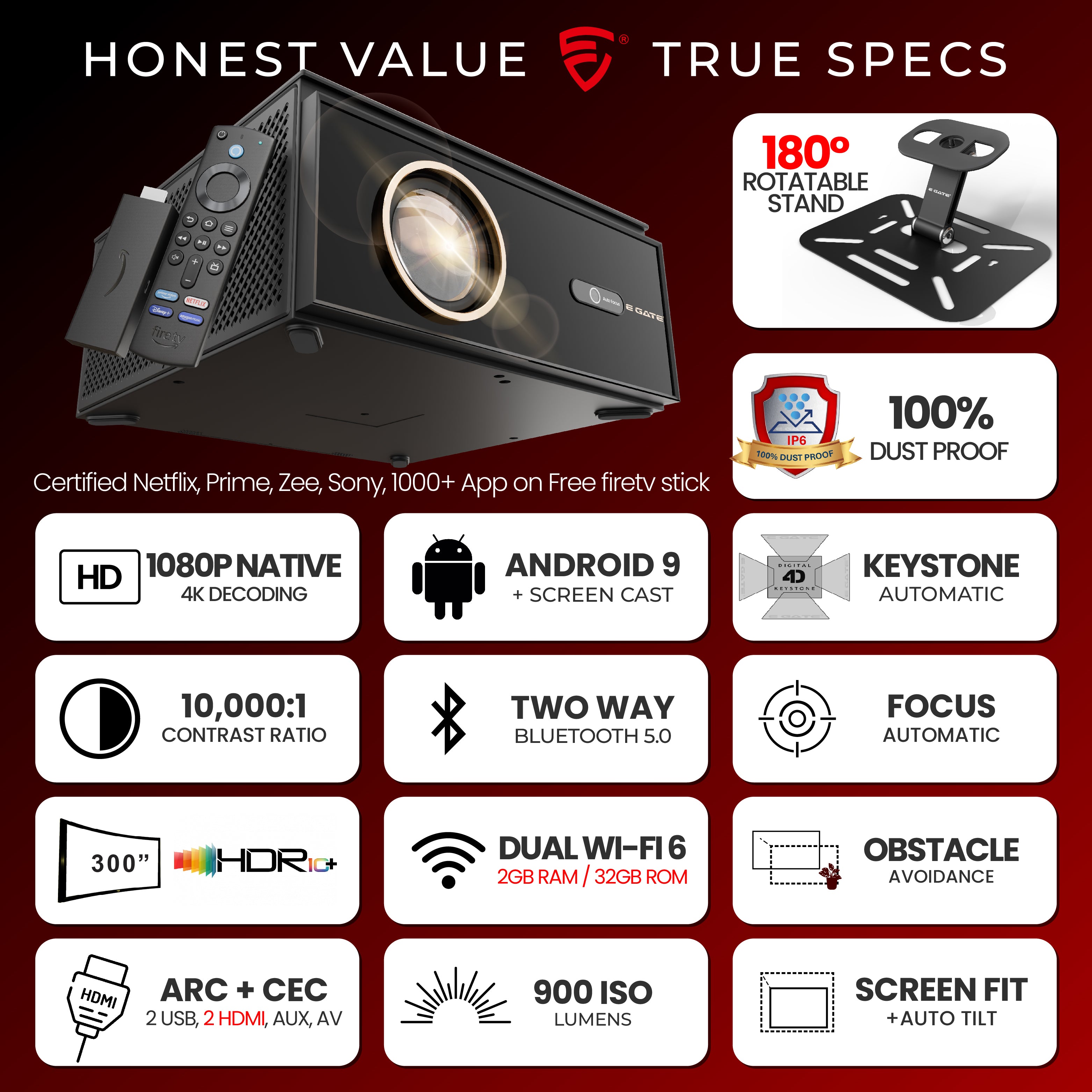 Egate Duster 9X dust-free projector showing key specifications including 1080p native resolution, 900 ISO lumens, dual Wi-Fi 6, auto focus, auto keystone, obstacle avoidance and rotatable stand