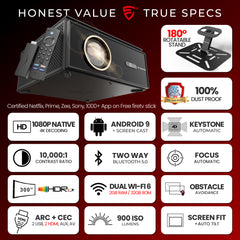Egate Duster 9X dust-free projector showing key specifications including 1080p native resolution, 900 ISO lumens, dual Wi-Fi 6, auto focus, auto keystone, obstacle avoidance and rotatable stand