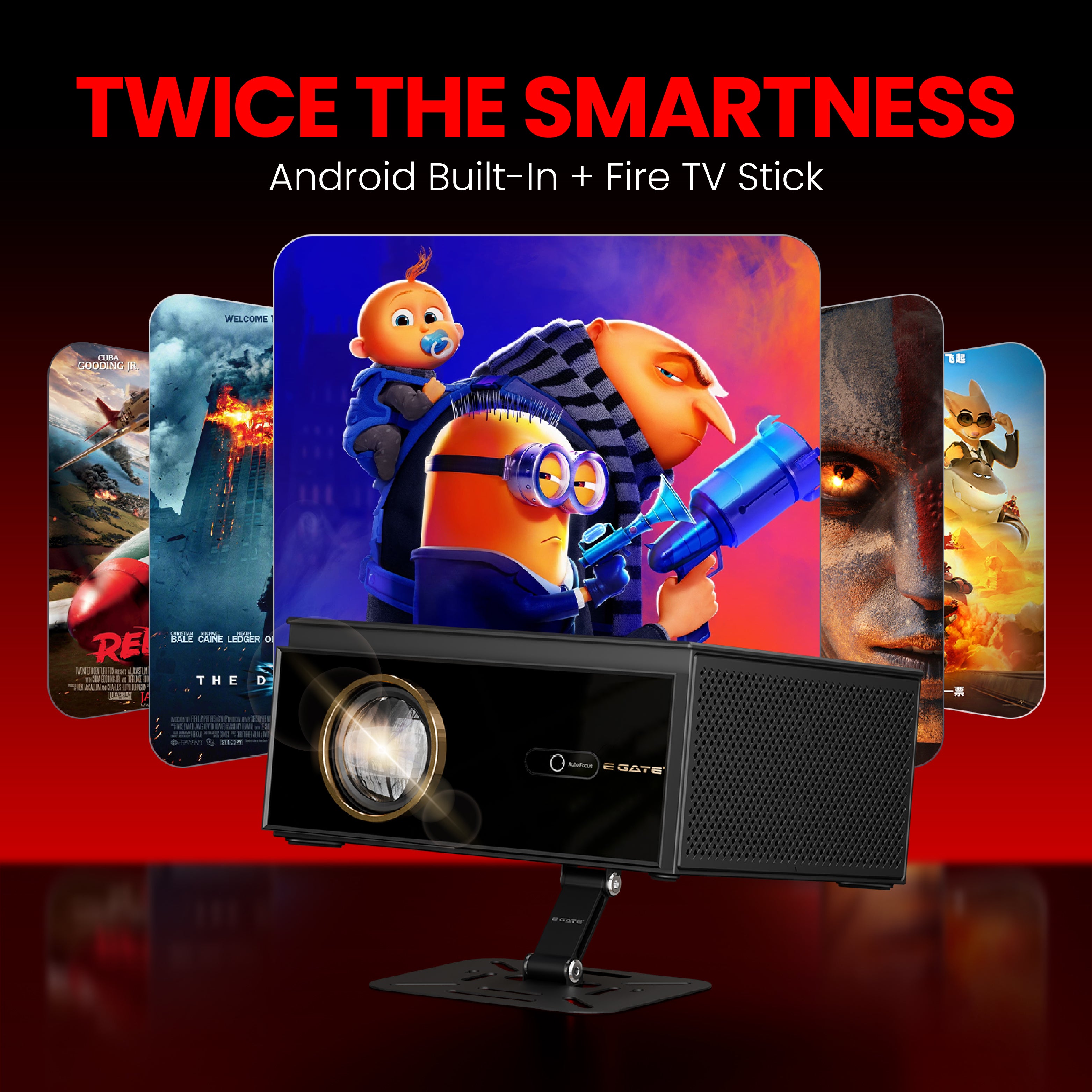 Egate Duster 9X smart projector showing Android built-in system with Fire TV Stick support for streaming movies and OTT apps