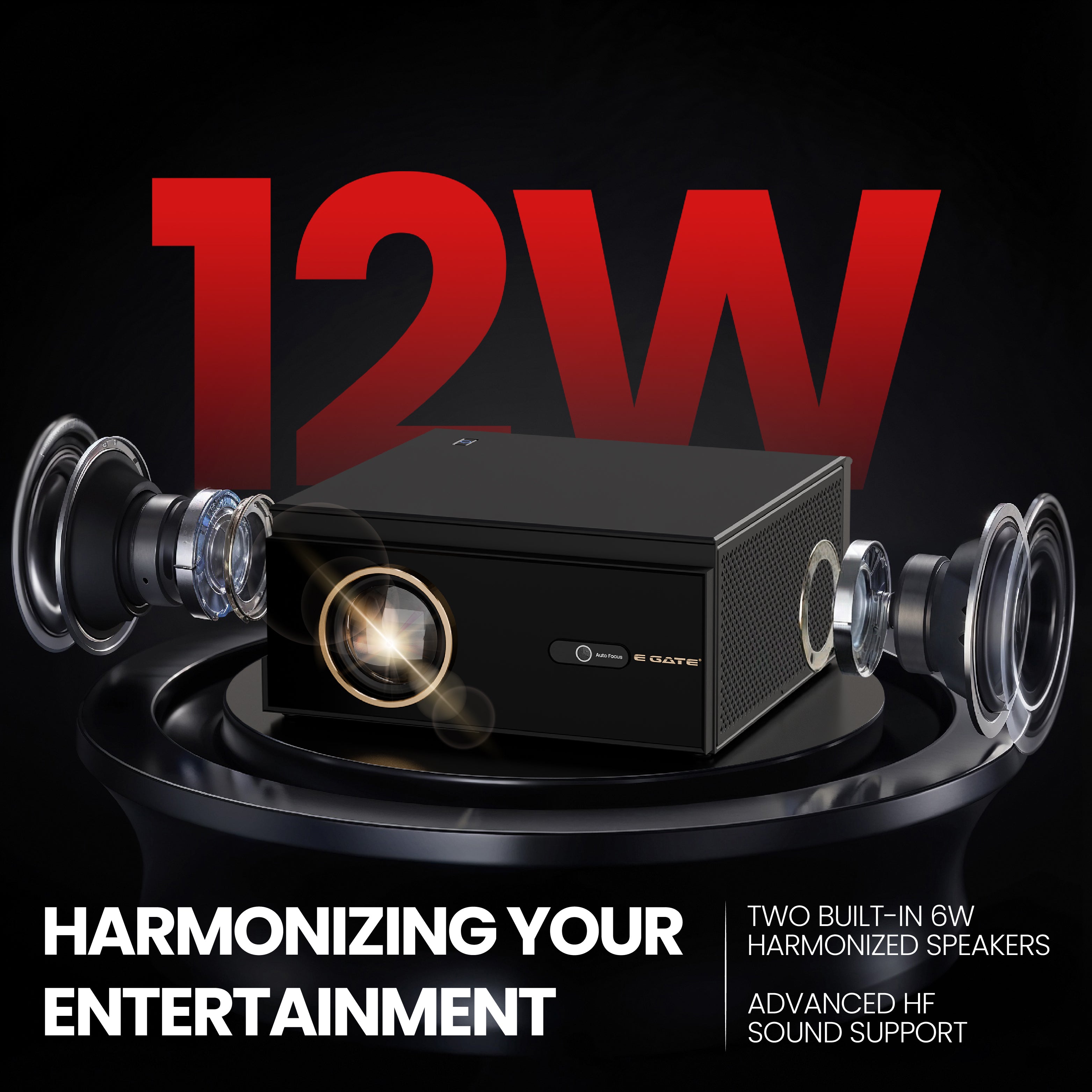 Egate Duster projector with dual 12W speakers featuring two built-in 6W harmonized speakers and advanced hi-fi sound output