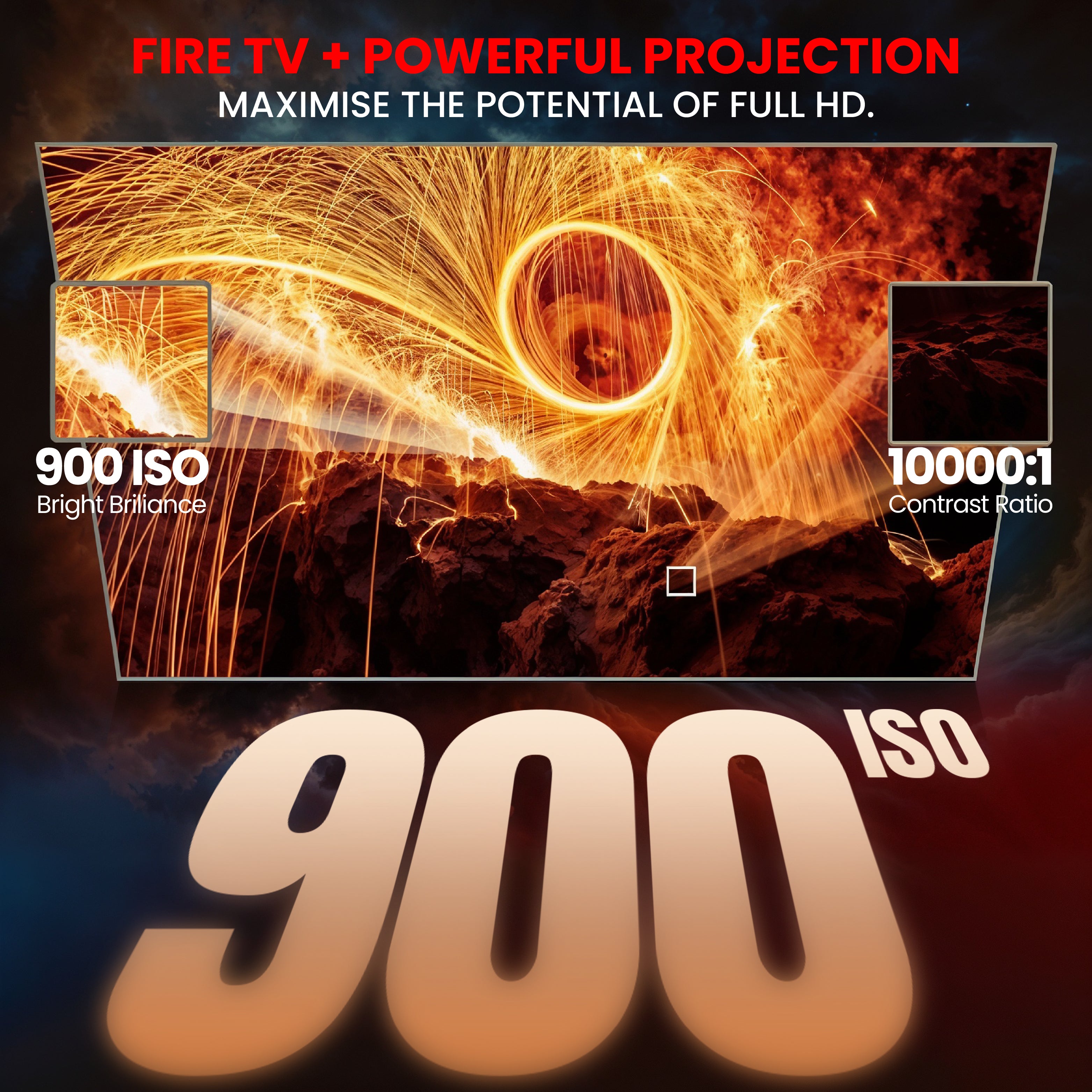 Egate Duster 9X projector with Fire TV Stick showing 900 ISO brightness and 10000:1 contrast ratio for Full HD projection