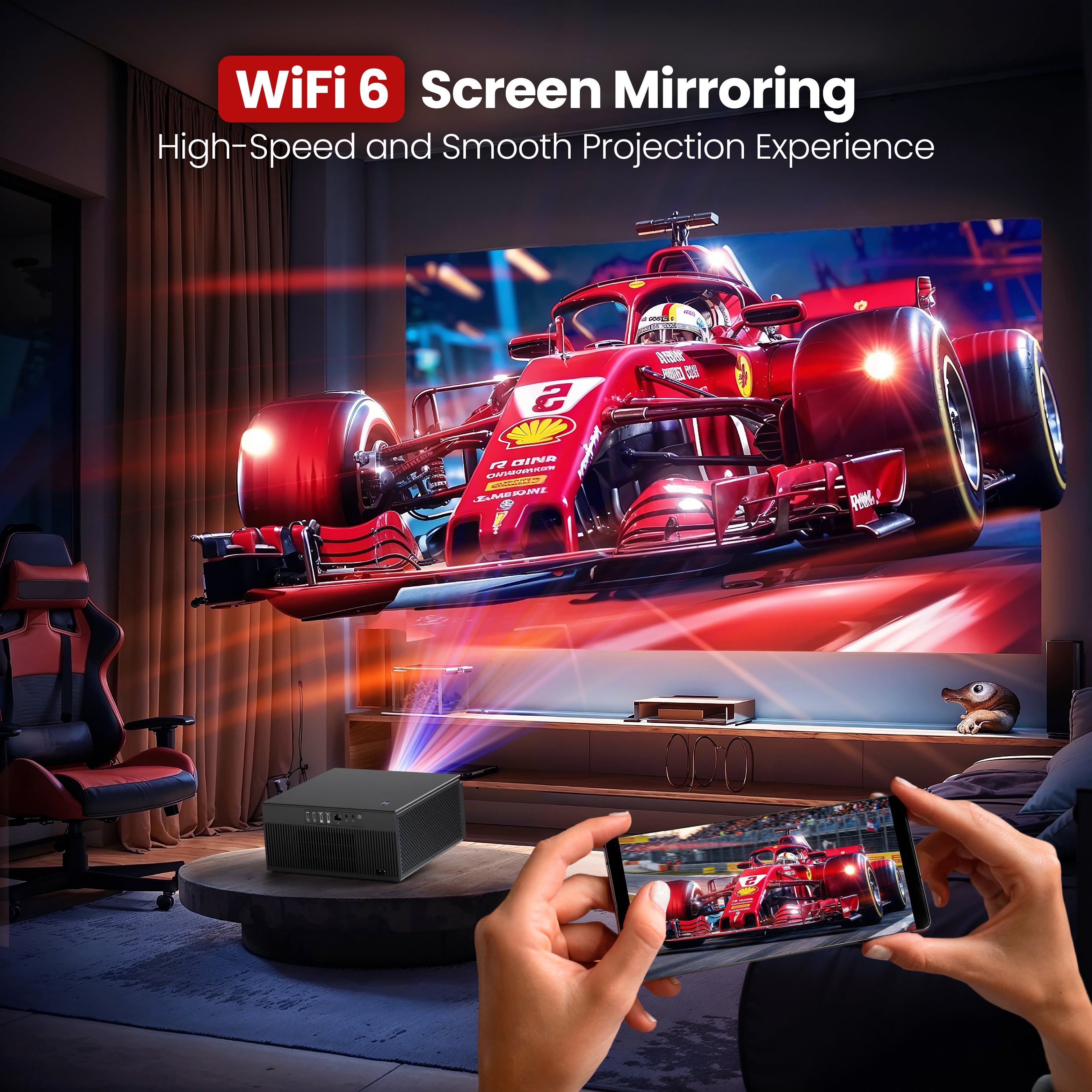 WiFi 6 screen mirroring from smartphone to projector for high speed smooth gaming projection