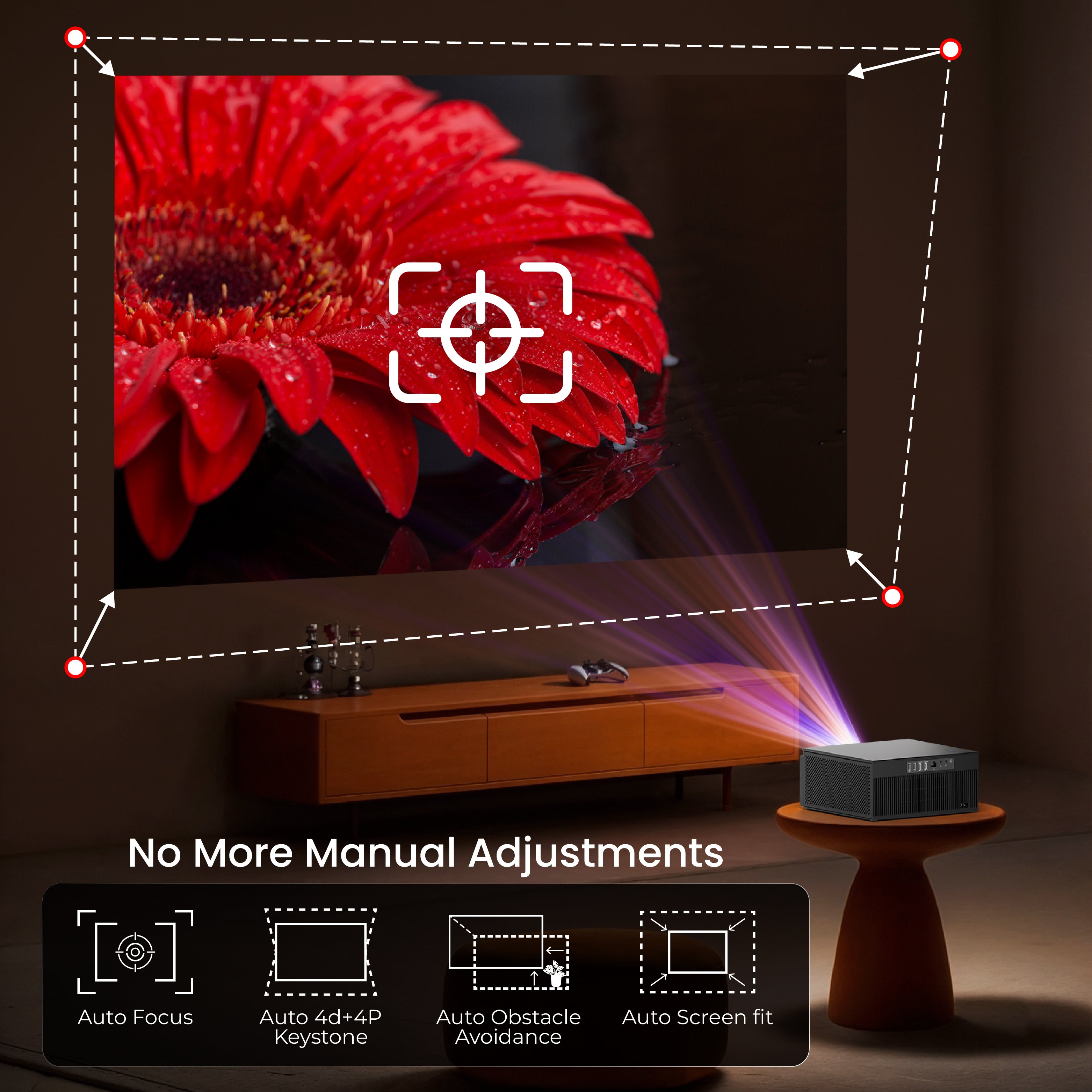 Projector automatically adjusting focus and keystone for a perfectly aligned screen without manual adjustment