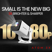 EGATE Atom 3X portable Android projector front view showing compact design and bright projection
