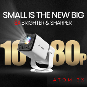 EGATE Atom 3X portable Android projector front view showing compact design and bright projection
