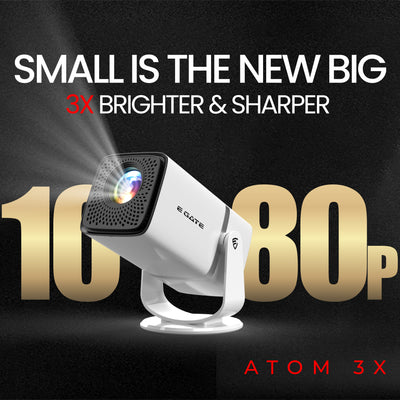 EGATE Atom 3X portable Android projector front view showing compact design and bright projection
