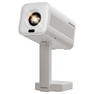 EGATE Atom 4X Android projector front view with lens and adjustable stand
