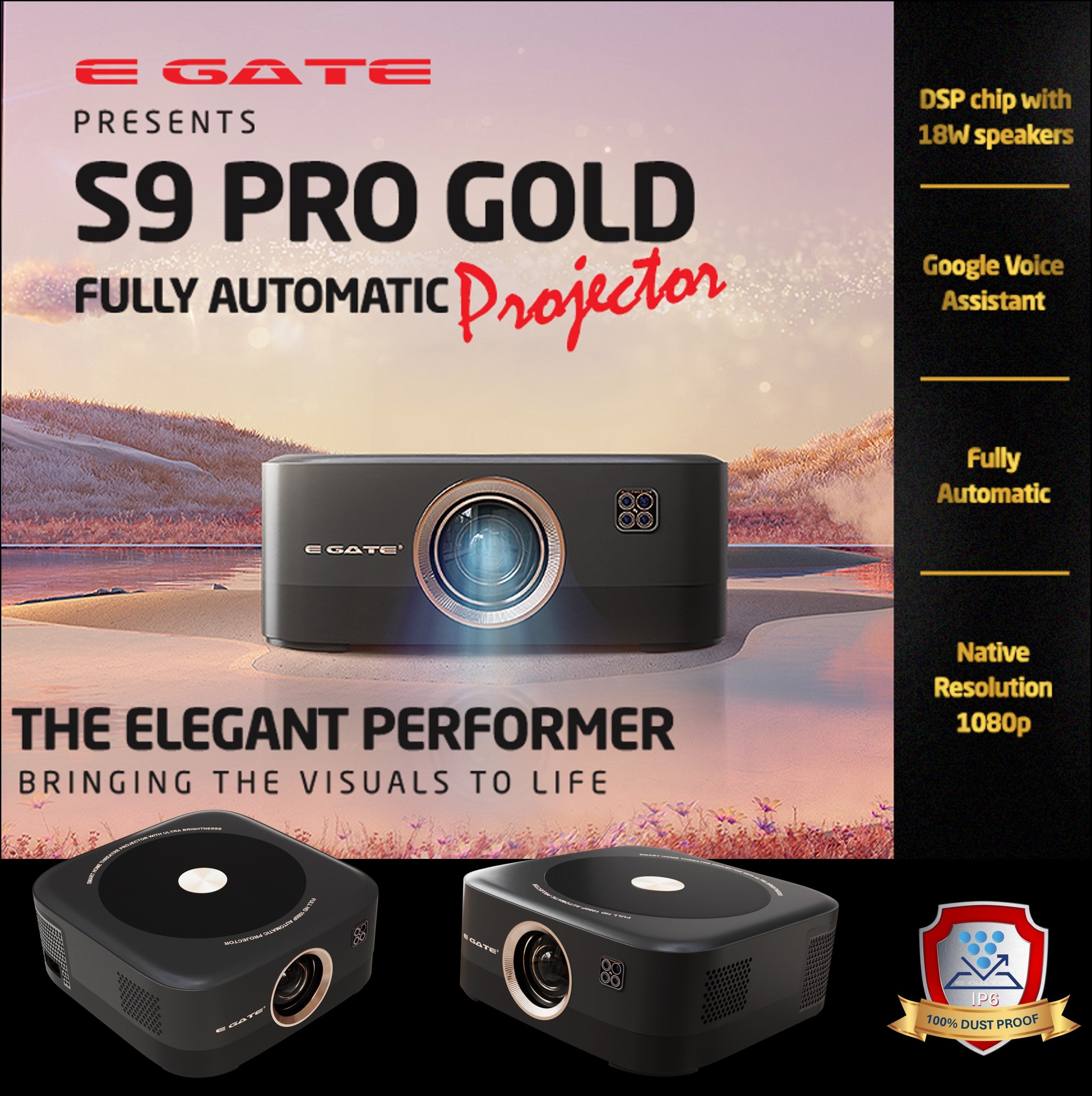 E Gate S9 Pro Gold 100% Dust Proof Automatic Smart Projector