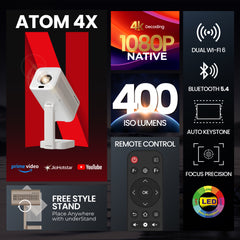 E GATE Atom 4X Automatic Projector 4k Ultra HD | Live TV | Android | Brightest 400 ISO | Native 1080p, Netflix, Prime | Precision Focus - Auto Keystone | USB-HDMI ARC+CEC | HDR+HLG | WiFi 6-BT | Egate