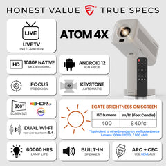 E GATE Atom 4X Automatic Projector 4k Ultra HD | Live TV | Android | Brightest 400 ISO | Native 1080p, Netflix, Prime | Precision Focus - Auto Keystone | USB-HDMI ARC+CEC | HDR+HLG | WiFi 6-BT | Egate