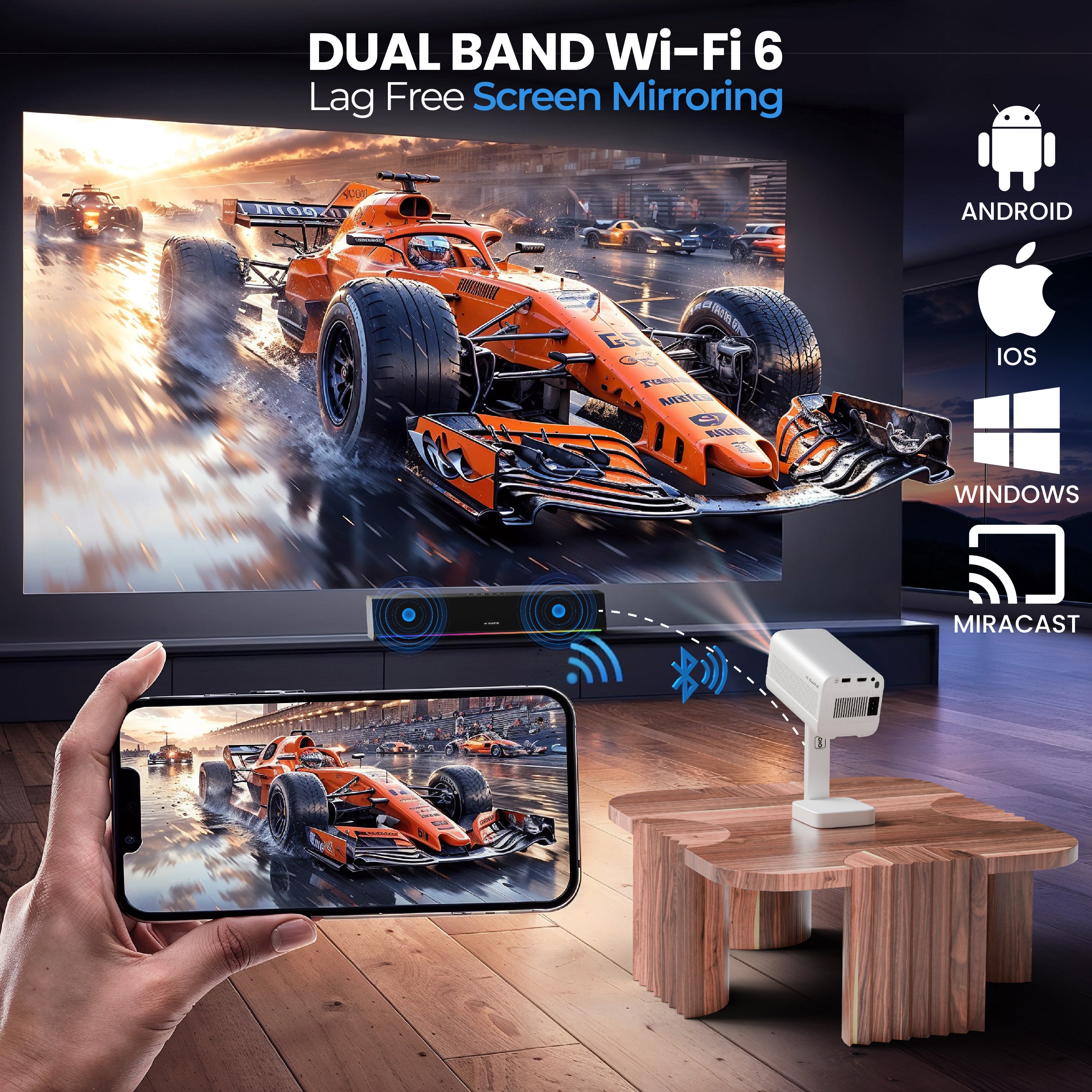 E GATE Atom 4X Automatic Projector 4k Ultra HD | Live TV | Android | Brightest 400 ISO | Native 1080p, Netflix, Prime | Precision Focus - Auto Keystone | USB-HDMI ARC+CEC | HDR+HLG | WiFi 6-BT | Egate