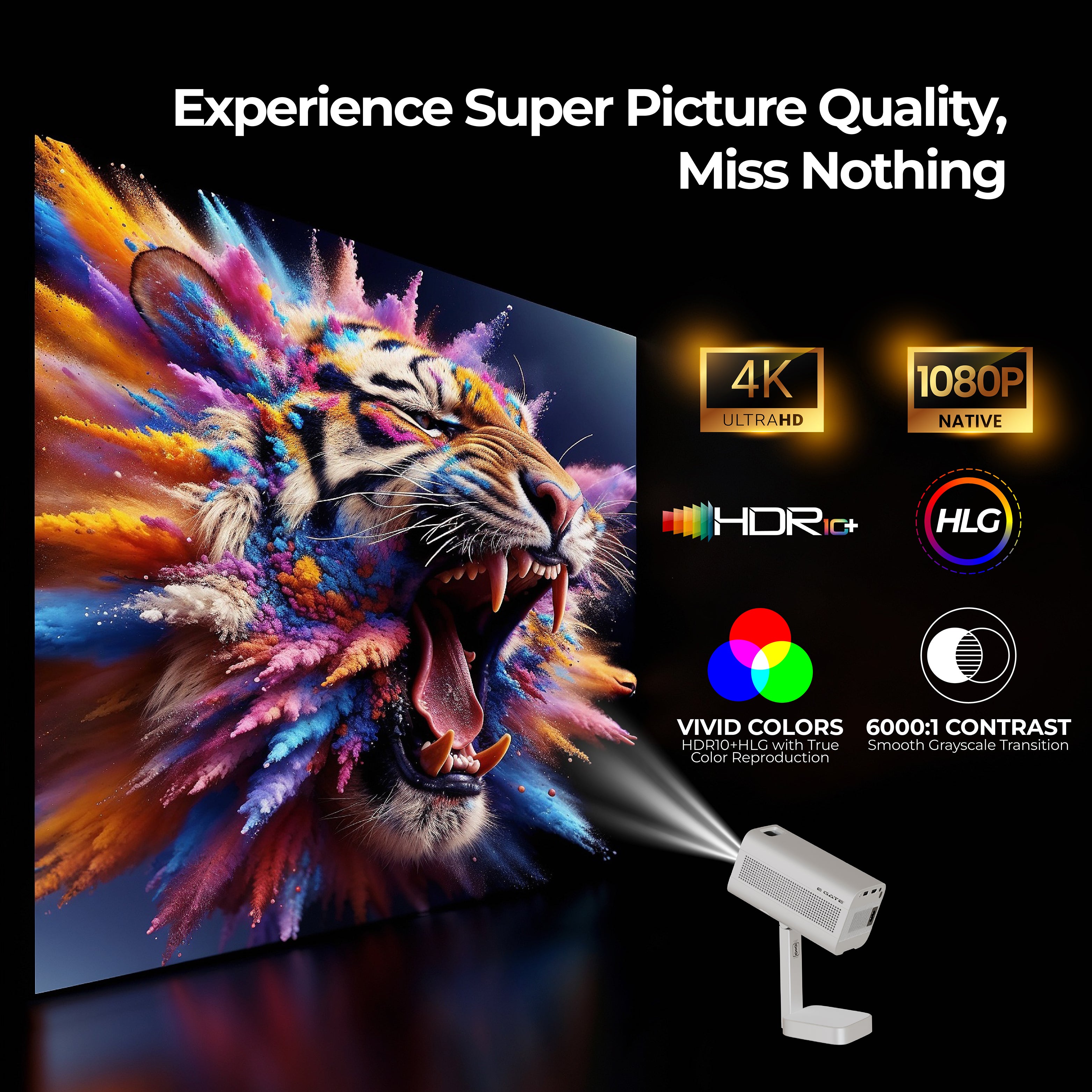 E GATE Atom 4X Automatic Projector 4k Ultra HD | Live TV | Android | Brightest 400 ISO | Native 1080p, Netflix, Prime | Precision Focus - Auto Keystone | USB-HDMI ARC+CEC | HDR+HLG | WiFi 6-BT | Egate