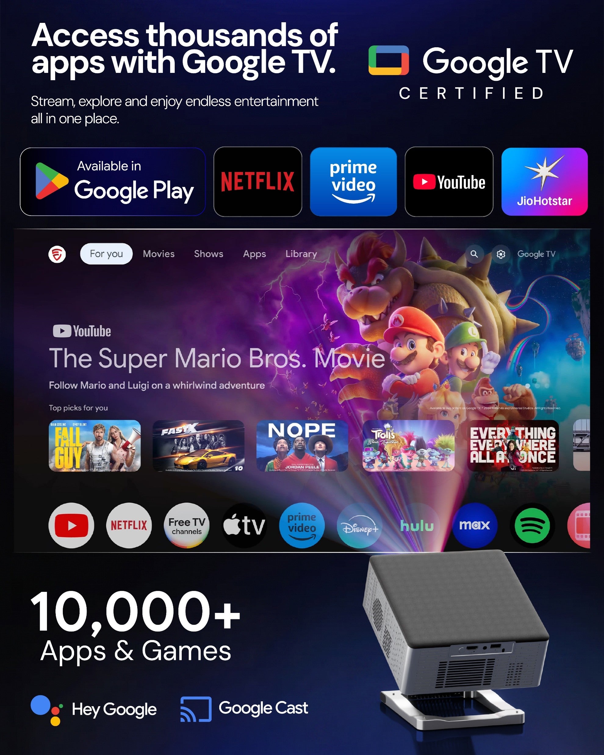 E Gate S9 Pro 100% धूल प्रूफ़ ऑटोमैटिक एंड्रॉयड प्रोजेक्टर, 15500 लुमेन, FHD 1080p नेटिव और 4K HDR, ऑटो (कीस्टोन+फोकस+ऑब्स्टैकल+टिल्ट), 2GB-32GB, HDMI-ARC, WiFi 6, ब्लूटूथ 