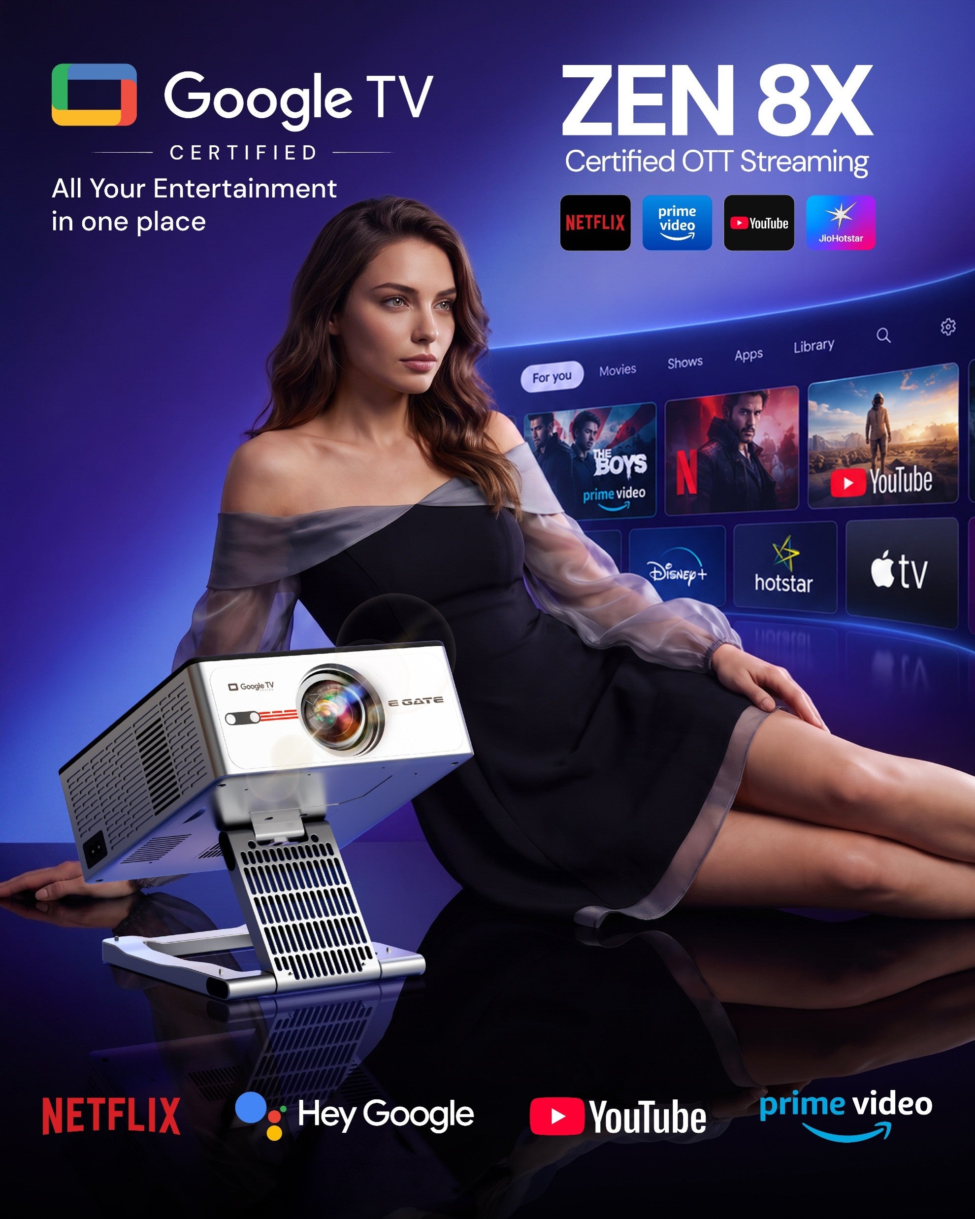 E Gate S9 Pro 100% धूल प्रूफ़ ऑटोमैटिक एंड्रॉयड प्रोजेक्टर, 15500 लुमेन, FHD 1080p नेटिव और 4K HDR, ऑटो (कीस्टोन+फोकस+ऑब्स्टैकल+टिल्ट), 2GB-32GB, HDMI-ARC, WiFi 6, ब्लूटूथ 