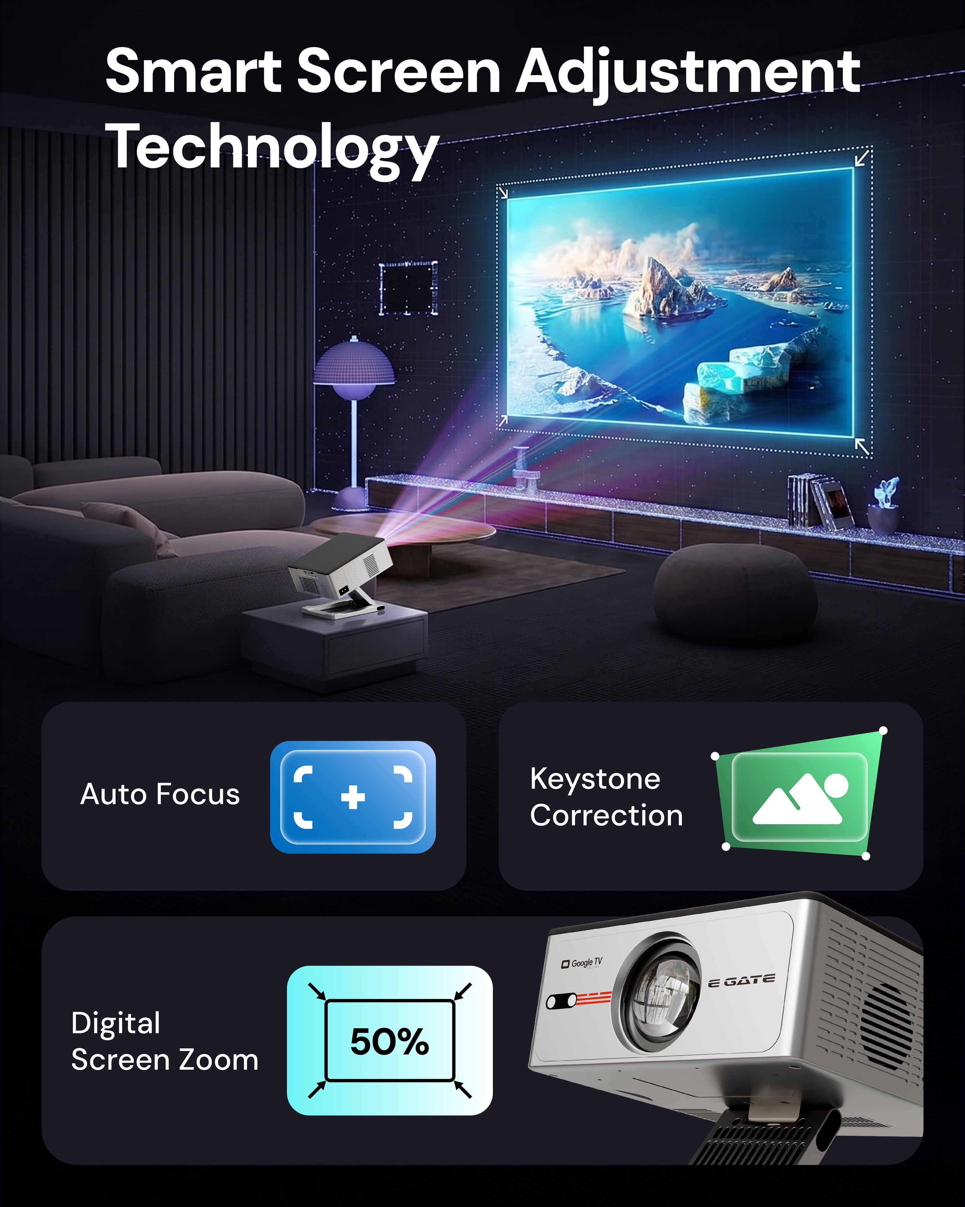E Gate S9 Pro 100% धूल प्रूफ़ ऑटोमैटिक एंड्रॉयड प्रोजेक्टर, 15500 लुमेन, FHD 1080p नेटिव और 4K HDR, ऑटो (कीस्टोन+फोकस+ऑब्स्टैकल+टिल्ट), 2GB-32GB, HDMI-ARC, WiFi 6, ब्लूटूथ 