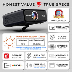 E Gate S9 Pro 100% धूल प्रूफ़ ऑटोमैटिक एंड्रॉयड प्रोजेक्टर, 15500 लुमेन, FHD 1080p नेटिव और 4K HDR, ऑटो (कीस्टोन+फोकस+ऑब्स्टैकल+टिल्ट), 2GB-32GB, HDMI-ARC, WiFi 6, ब्लूटूथ 