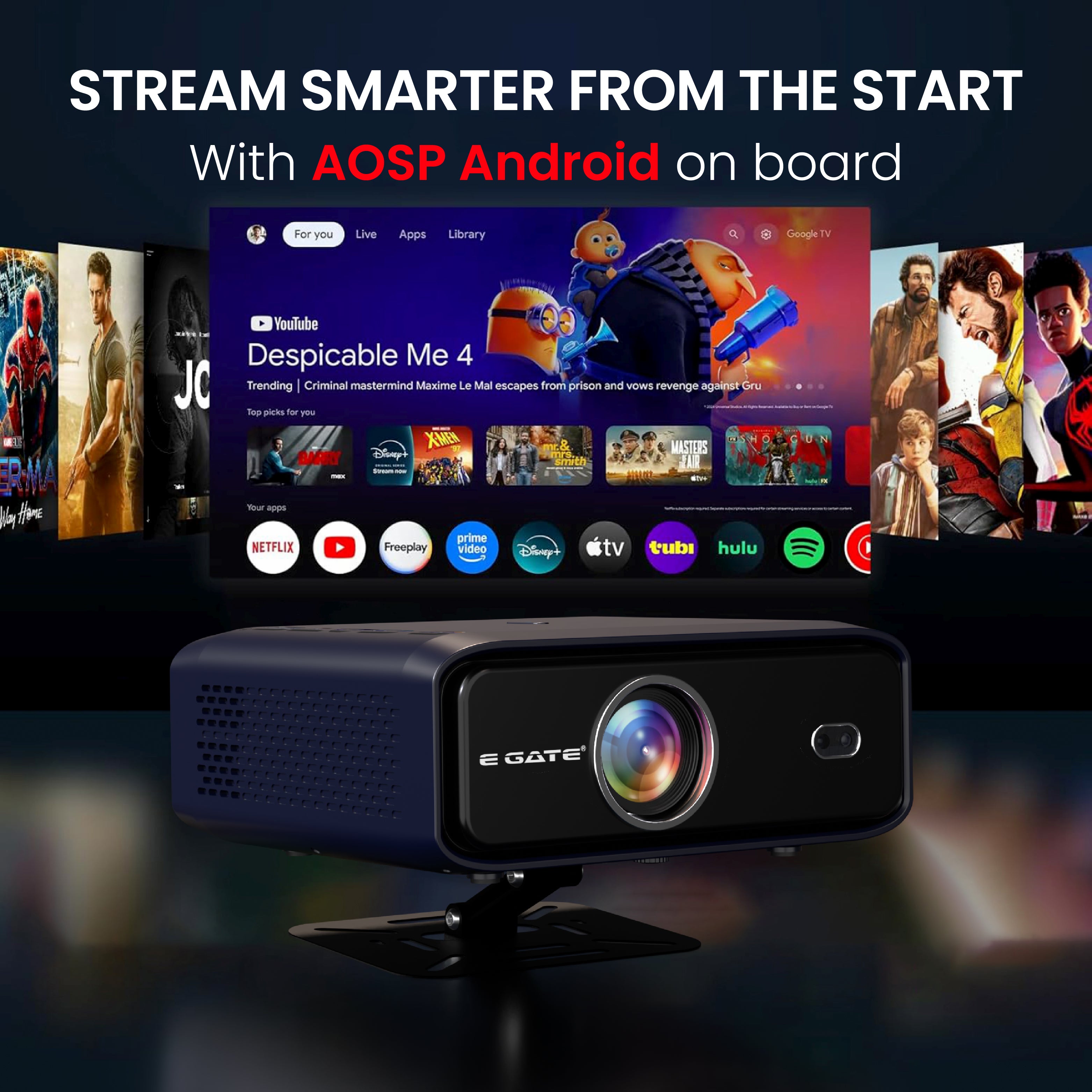 E Gate S9 Pro 100% धूल प्रूफ़ ऑटोमैटिक एंड्रॉयड प्रोजेक्टर, 15500 लुमेन, FHD 1080p नेटिव और 4K HDR, ऑटो (कीस्टोन+फोकस+ऑब्स्टैकल+टिल्ट), 2GB-32GB, HDMI-ARC, WiFi 6, ब्लूटूथ 