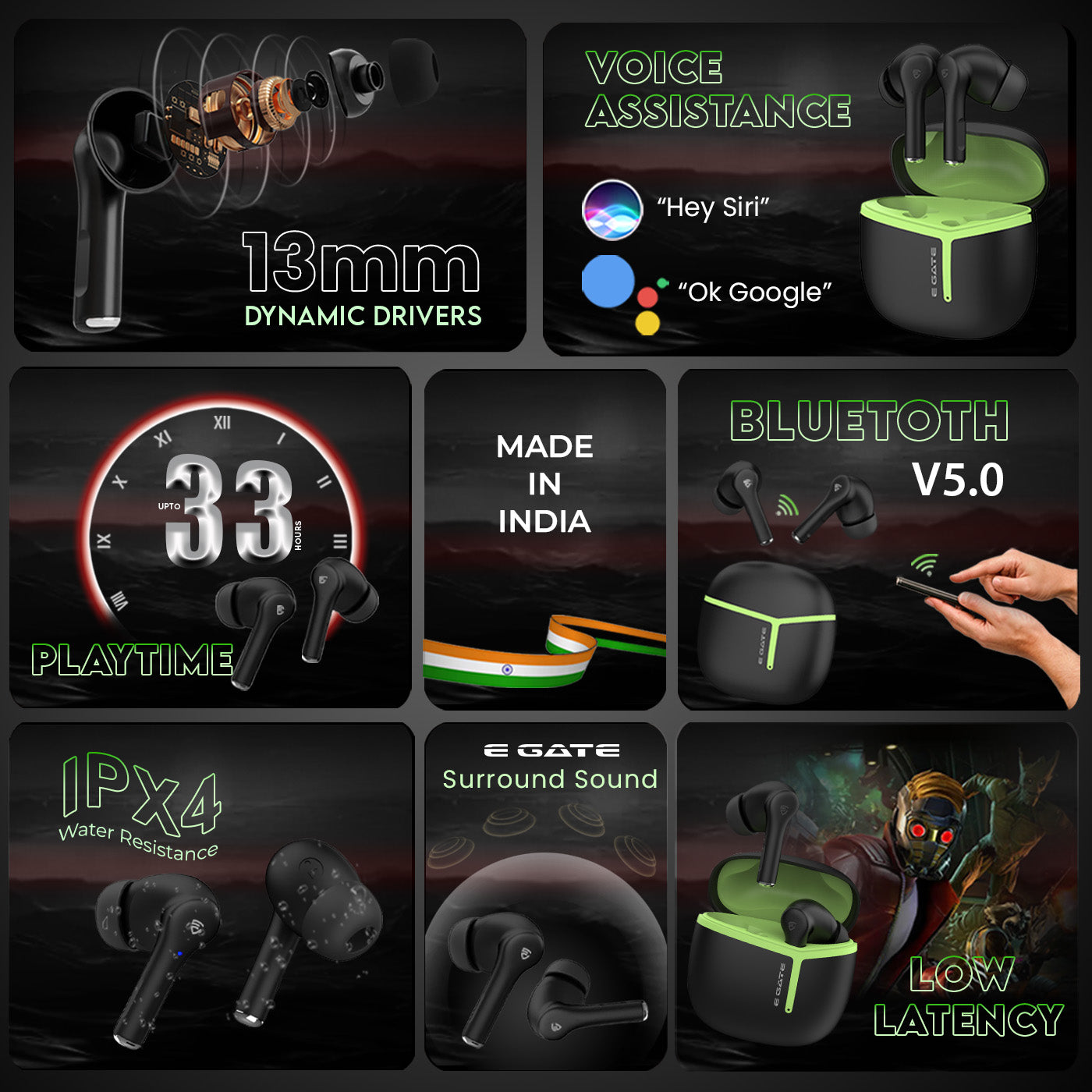 E Gate C9 TWS Earbuds with 33 Hrs Playtime,Dual Mics,Touch Control,Low Latency, BT v5.0 Bluetooth Ear buds with Voice Assistant,13mm Bass Dynamic Driver, Water Resistant Wireless Earphones (Black)
